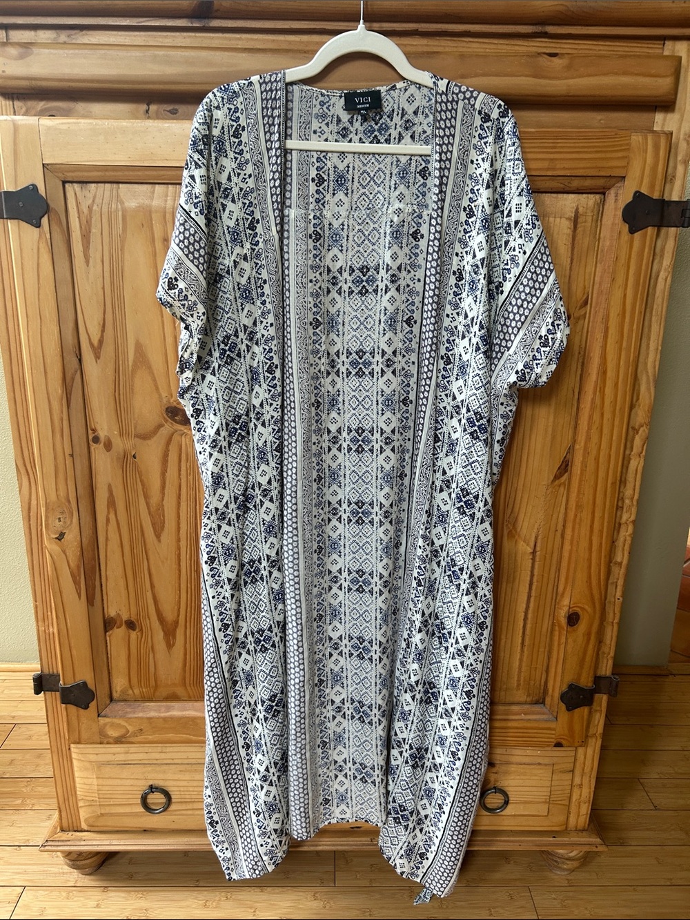Vici Navy & White Geometric Open-Front Duster Kimono 100% Rayon Lightweight